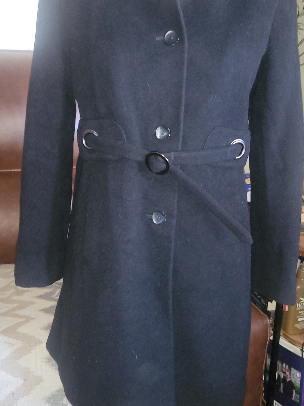 Via Spiga Black Wool Belted Trench Coat with Grommet Detail
